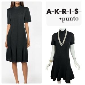 Akris‎ Punto Black Flared Hem Ribbed Knit Short Sleeve Black Dress - 8